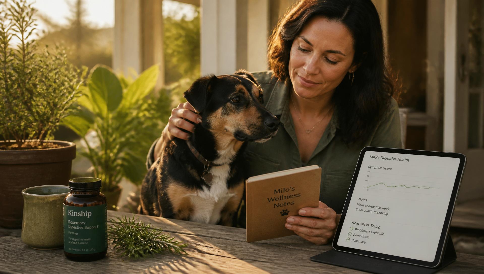 Dog parent reviewing her dog's wellness notes on a sunlit porch