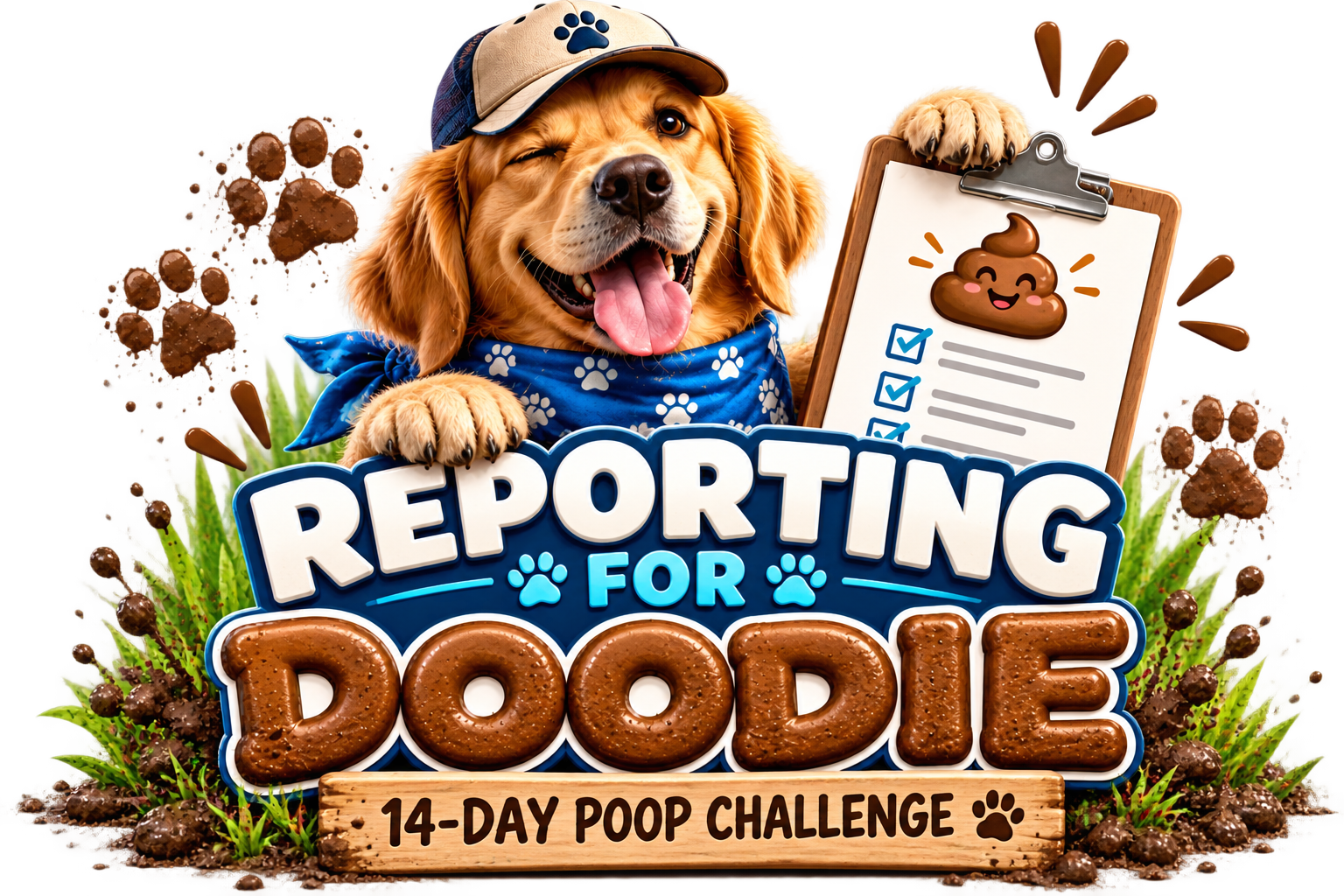 Reporting for Doodie — a happy dog holding a poop checklist clipboard