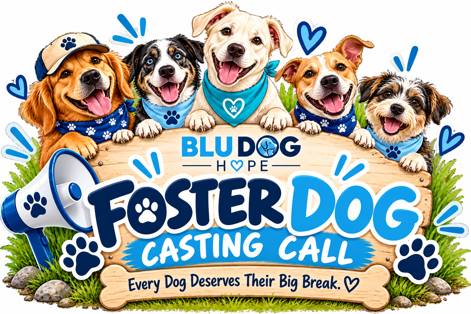 Foster Dog Casting Call — five happy dogs behind a wooden sign reading Foster Dog Casting Call, every dog deserves their big break