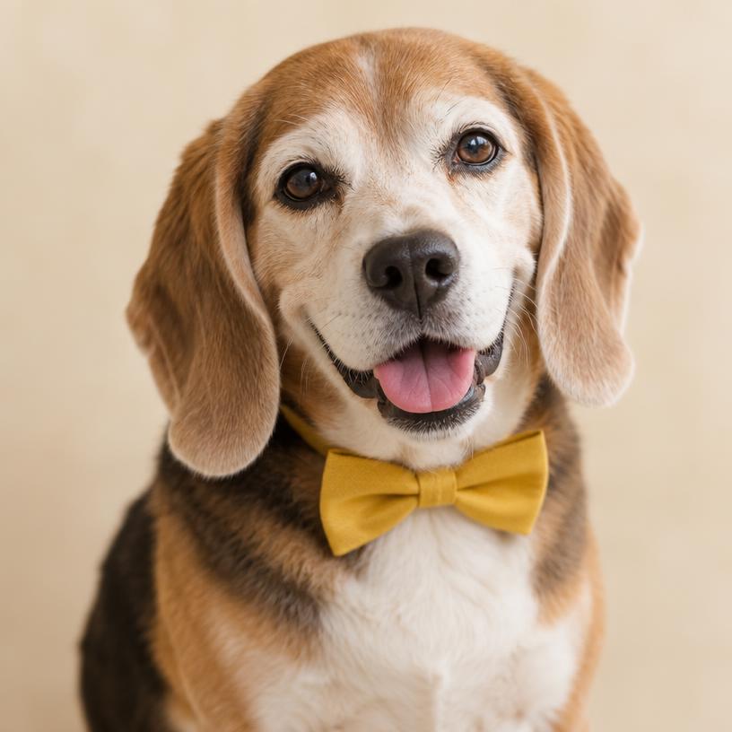 A senior beagle wearing a small golden bow tie