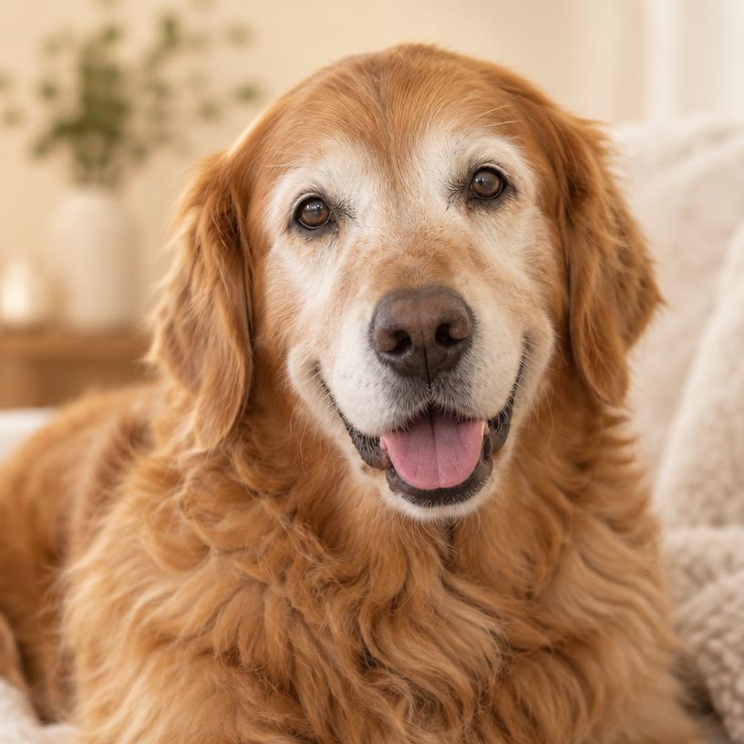 A smiling senior golden retriever with a grey muzzle