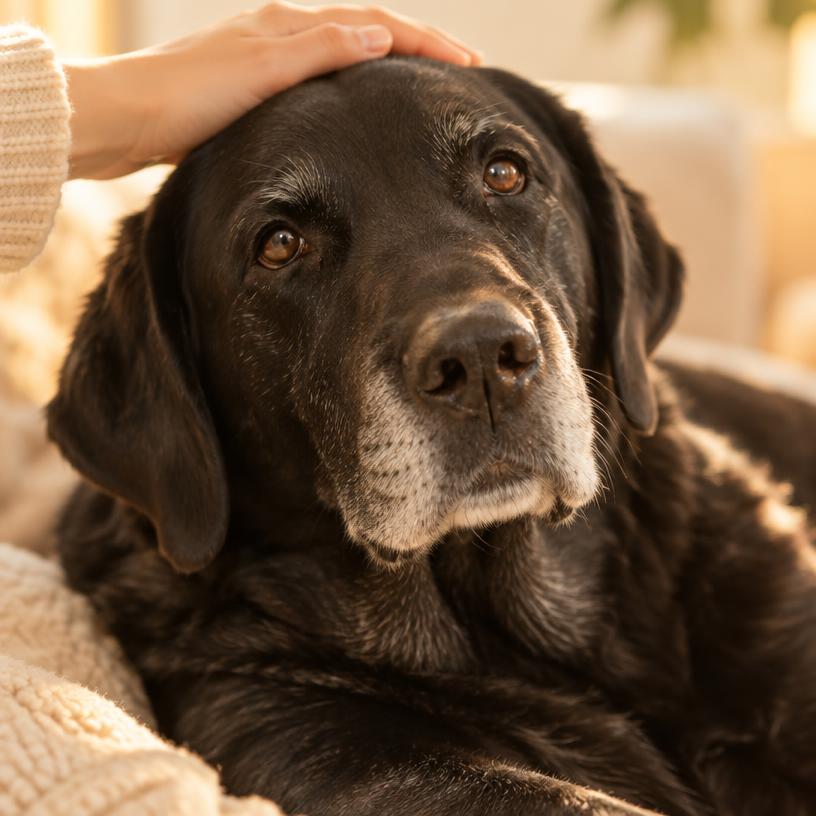 A sweet older black labrador getting a gentle head pat