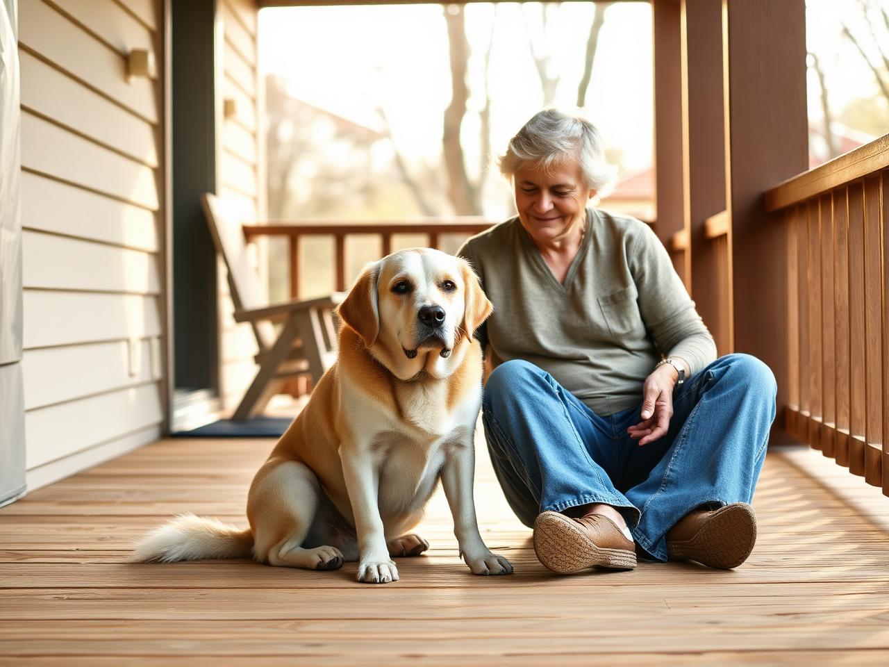 Owner sitting on a porch with a senior dog